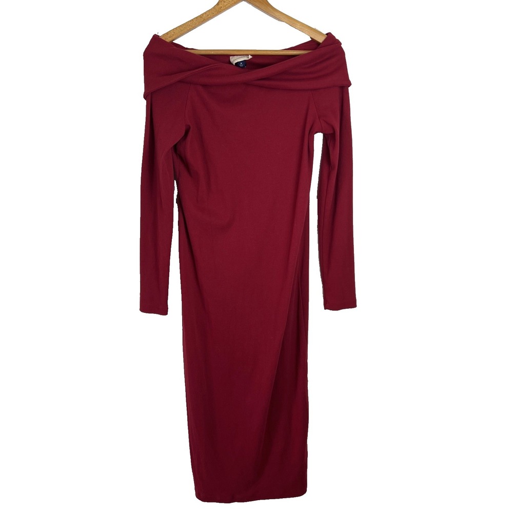 Women's Cowl Neck Dress Medium Red Ribbed Off Shoulder Garden Party Date Night‎